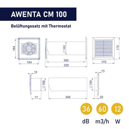 Awenta COSY CM100 Lüfter Lüftungsgitter wand ventilator 4in1 + Thermostat  NEU