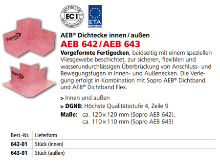 OUTLET SOPRO AEB Dichtecke innen AEB 642 Flexiblen Fertigecken ca. 120x120 MM
