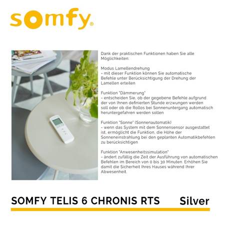 Somfy TELIS 6 CHRONIS 6-Kanal-Handsender mit Uhr Große LCD-Anzeige Silwer NEU