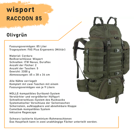 WISPORT RACCOON 85 Olivgrün Rucksack FAS PLUS Ergonomic, MOLLE, 3300 g, 85 L