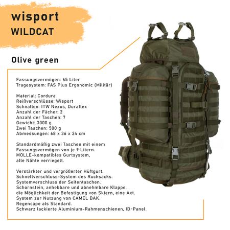 WISPORT WILDCAT Rucksack OLIVE GREEN, FAS PLUS Ergonomic, MOLLE, 3000 g, 65 L